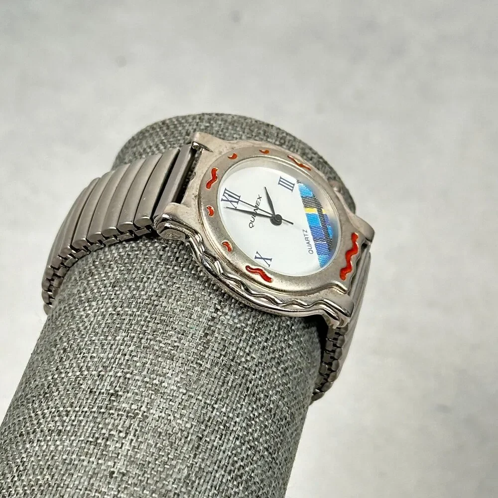 VTG Quemex Watch Mens 35mm Round Aztec Southwestern Silver Tone New Battery